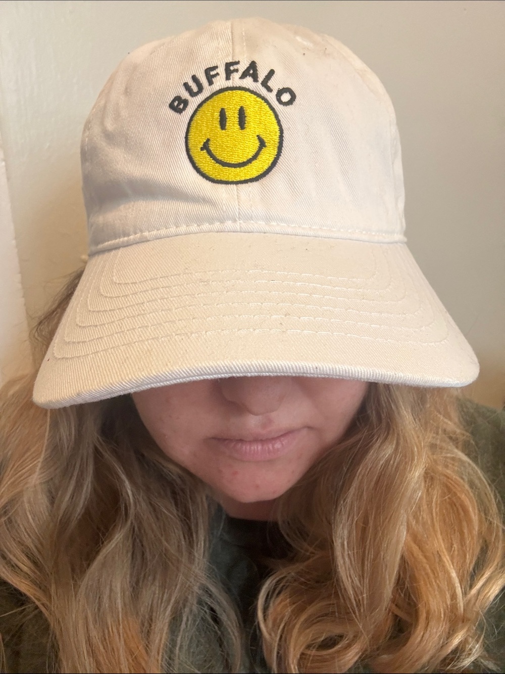Buffalo White Adjustable Baseball Cap with Yellow Smiley Face